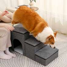 Una escalera para mascotas para perros pequeños con espacio de almacenamiento, cama alta ajustable y escalones de sofá, una rampa para mascotas para perros pequeños y gatos, 3 niveles en gris. - Gris - Ver 4