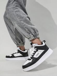 Men's Retro Colorblock High-Top Leather Patchwork Sneakers, Minimalist Thick Sole Versatile Commuter Casual Shoes - White and Black - View 7