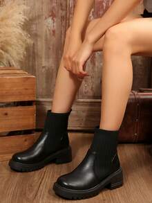 女士秋冬时尚黑色切尔西靴，复古弹力针织拼布短靴，舒适厚底靴，适合返校季、散步和日常穿着 - 黑色 - 查看 6