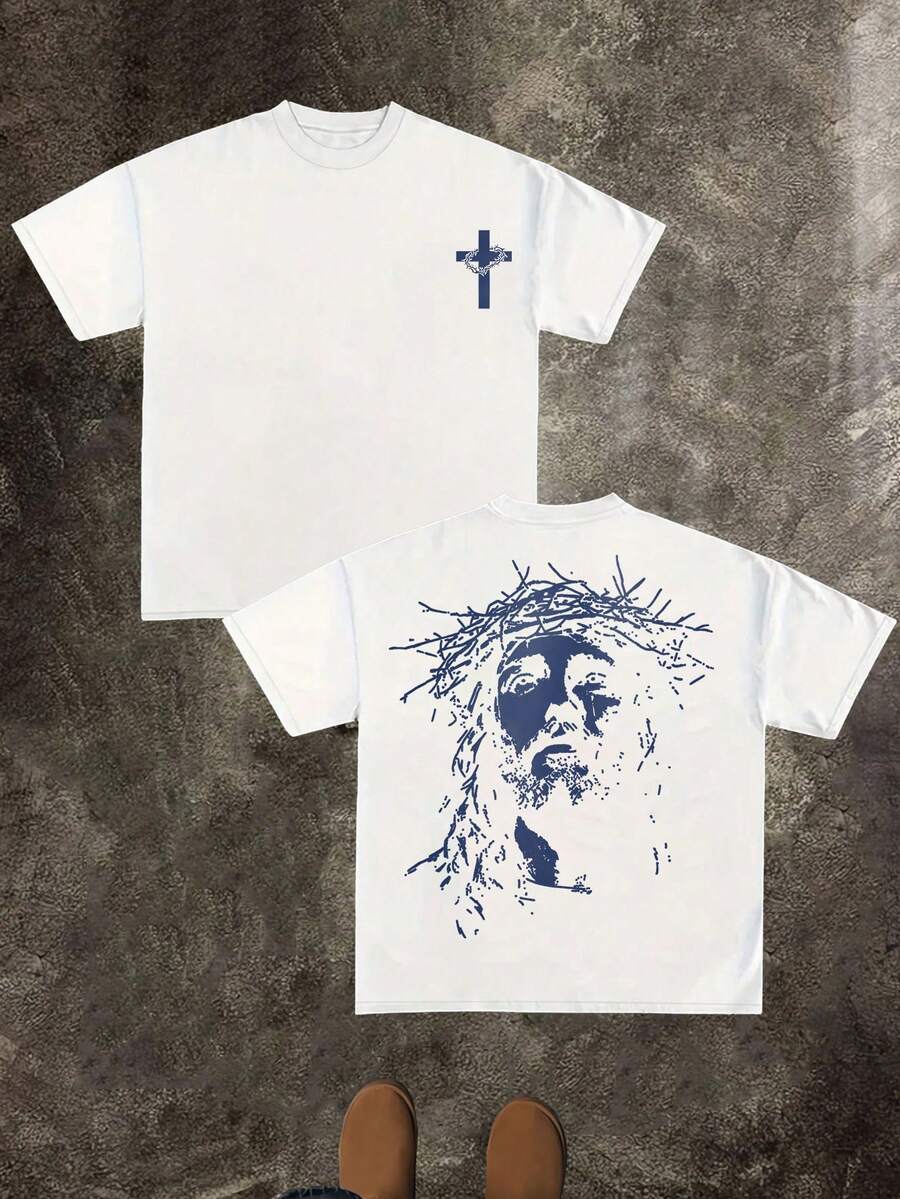 Jesus With Crown Of Thorns (220 Cotton T-Shirt) Men's Round Neck And Short Sleeves, Casual Cotton, Casual Fashion, Suitable For Indoor And Outdoor Wear And Holiday Gifts - 白色 - 查看 1