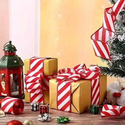 1 Stück Weihnachtsklassisches rot-weißes gestreiftes glänzendes Schleifen-Set, mit Drahtrand Dekoration, Polyester Zuckerstangen Glitzer Schleife, ideal für Kränze, Schleifen und Geschenkverpackung