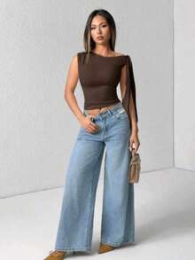 Elegant Suplex T-Shirt Top With Asymmetrical Shoulders And Straps, Ideal For Daily Use, Outings, Nightclubs, Parties, Halloween Costumes - 咖啡棕 - 查看 7