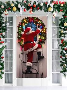 1Pc Christmas Hanging Flag,Merry Christmas Hanging Banner With Wreath And Santa Claus Climbing The Ladder Design,Christmas Door Hanging,Christmas Home Decor,Christmas Decoration,Xmas Decor,Winter Decorations,Winter Party Background Decor,Christmas Photo Booth Props,Christmas Hanging Ornament,Festival Door Decor,Home Gathering Supplies,Festive Accessory,Suitable For Indoor&Outdoor Use,New Year Decorations