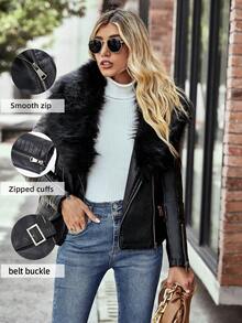 Risissida Women's Faux Leather Jacket For Autumn, Detachable Fur Collar, Motorcycle Style Jacket With Faux Fur Collar, Comes With Belt - Black - View 5