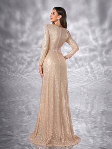 YISIKADO 女士正式晚礼服优雅奢华亮片闪亮甜心领口长袖高腰毕业婚礼宾客晚宴舞会礼服仪式主持人仪式庆典礼服高腰闪亮礼服