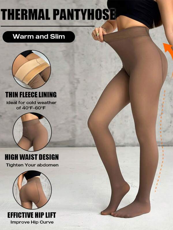 ChicMe Collant termici con fodera in pile per donna, vita alta, aderenti, effetto semi-trasparente, leggings caldi per uso quotidiano in inverno