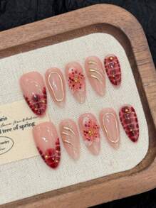 10 件手工指甲杏仁指甲按压指甲中号，优雅的红粉色指甲，晕染渐变手绘波尔卡圆点花卉 3D 雕刻浮雕花朵不对称线条，人造珍珠镶嵌，优质通用美甲片，前卫优雅奢华手工夏季指甲，现代美学手工指甲，Y2K 风格派对日常和约会使用海滩热带度假适用，DIY 假指甲适合女性和女孩作为礼物指甲用品