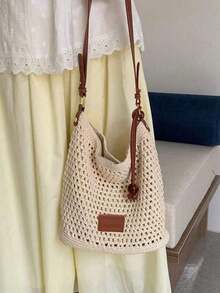 海滩度假编织托特包，2025新款镂空单肩包，大容量通勤购物手提包 - 米色 - 查看 3