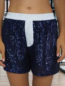 Women's Pajama Shorts Sparkly Sequined Striped Trim Low Rise Sleep Shorts For Summer