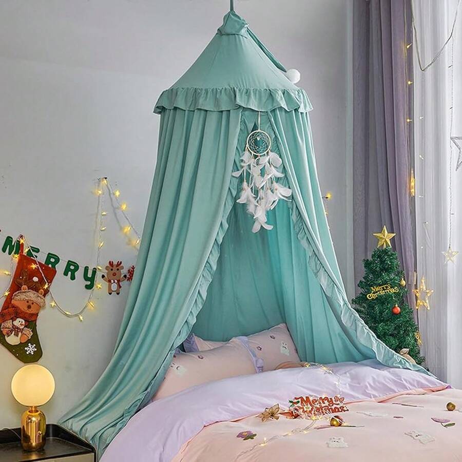 Mosquito Net Bed VETHIN Bed Canopy Girls,Princess Round Dome Dreamy Mosquito Net Bedding Girls Room Castle Tent Hanging Decor Reading Nook Canopies (White) - 綠色 - 查看 1