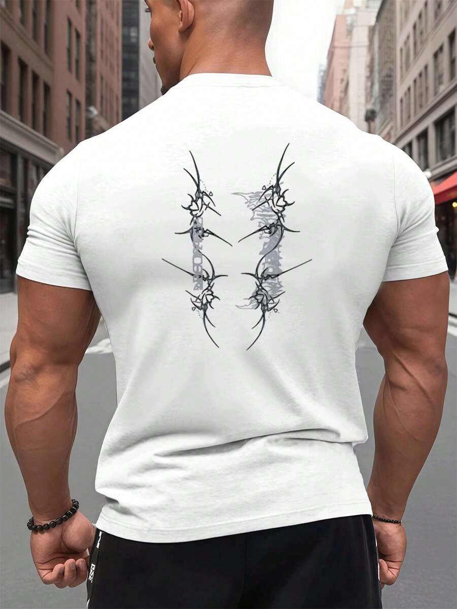 Graphic Print Casual Tee , Men's Double-Sided Printed Fashionable Casual Crew Neck 220gsm Pure Cotton T-Shirt(1 PC) - 白色 - 查看 1