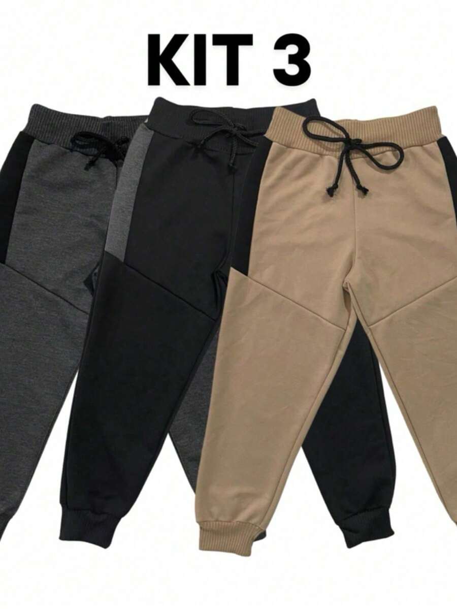 Kit 3 Calça de Moletom Moletinho Menino Infantil com Cadarço e Detalhe Quentinha Confortável - Multicolorido - Visão 1