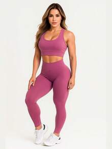 Leggings And Top Set For Gym Fitness Walking Bodybuilding Smooth Suplex A01 - Rosa - 查看 1