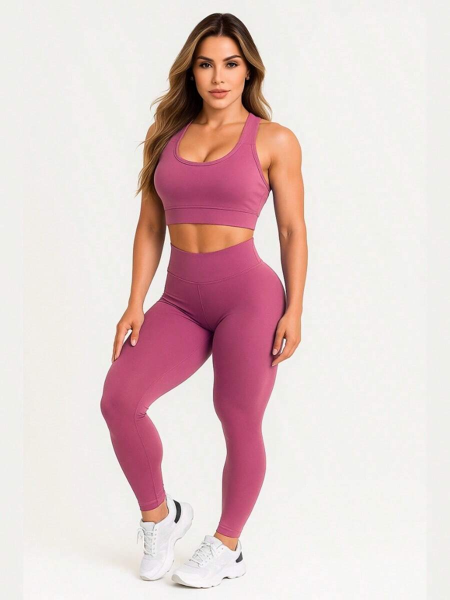 Leggings And Top Set For Gym Fitness Walking Bodybuilding Smooth Suplex A01 - Rosa - 查看 1
