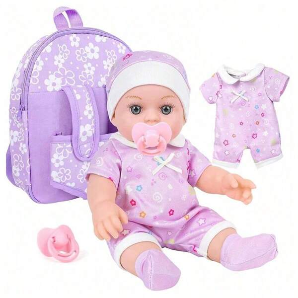 Conjunto de regalo con mochila y pantalón con peto de 12 pulgadas en color púrpura, con muñeca de peluche, diadema, chupete y ropa
