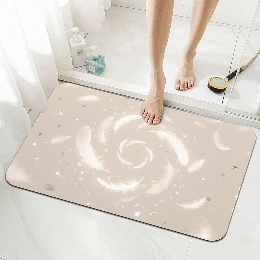 1pc Ethereal Feather Glitter  Pattern Diatom Mud Floor Mat Absorbent Mat Toilet Door Quick Drying Non-Slip Mat Foot Mat Toilet Kitchen Carpet Soft Mat Home Bathroom Decor Bath Rug Outdoor Rug Door Mat Bathroom Accessories - STYLE 3 - View 1