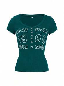 Vaiaye Women's Spring/Summer Button Front Y2K Letter Print Fitted Short Sleeve T-Shirt, Suitable For Valentine's Day