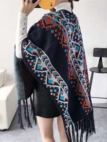 1 pieza Chal, bufanda, poncho, capa de estilo bohemio de punto largo para mujer accesorios de viaje para invierno - Marina de guerra - Ver 6