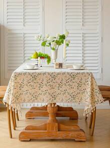 1 pieza Mantel con estampado elegante y flecos - Cuadrado de poliéster, a prueba de polvo y decorativo para cocinas, comedores, salas de estar, fiestas, vacaciones y barbacoas al aire libre, decoración de mesa/mantel decorativo/decoración con flecos