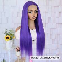 13X4 Long Straight 26 Inch Dark Purple Lace Front Wig Lace Front Synthetic Wig Pre-Plucked Hairline Halloween Wigs Heat Resistant Fiber Hair Silky Straight Wig For Women Cosplay Party Daily Use - 紫色 - 查看 7