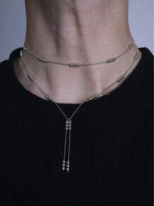 小众设计金属球吊坠项链，个性欧美风双层简约锁骨链女款 - 銀色 - 查看 5