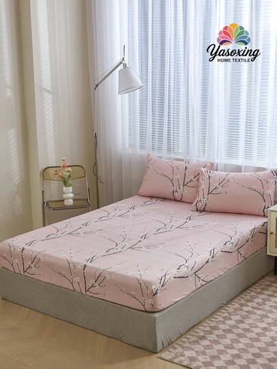 3pcs /Set Pink Plum Blossom Branch Flower Pattern Fitted Sheet Set Without Filler, Fitted Sheet Set For Bedroom Brushed Microfiber Breathable Comfortable 1pc Fitted Sheet+2pcs Pillow Case Without Filler, Back School Bedding Dormitory Bedding Set