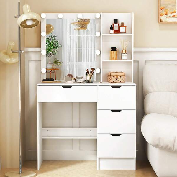 Makeup Vanity Desk With Mirror,4 Drawers Storage Shelves,3 Color Modes Adjustable Brightness,10 LED Mirror Makeup Table,Bedroom Furniture,For Women Girl Gifts