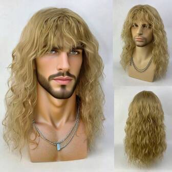 Joyluck Men's Synthetic Wig Medium Long Blonde Wavy Rock Wig Cosplay Halloween Party Wig