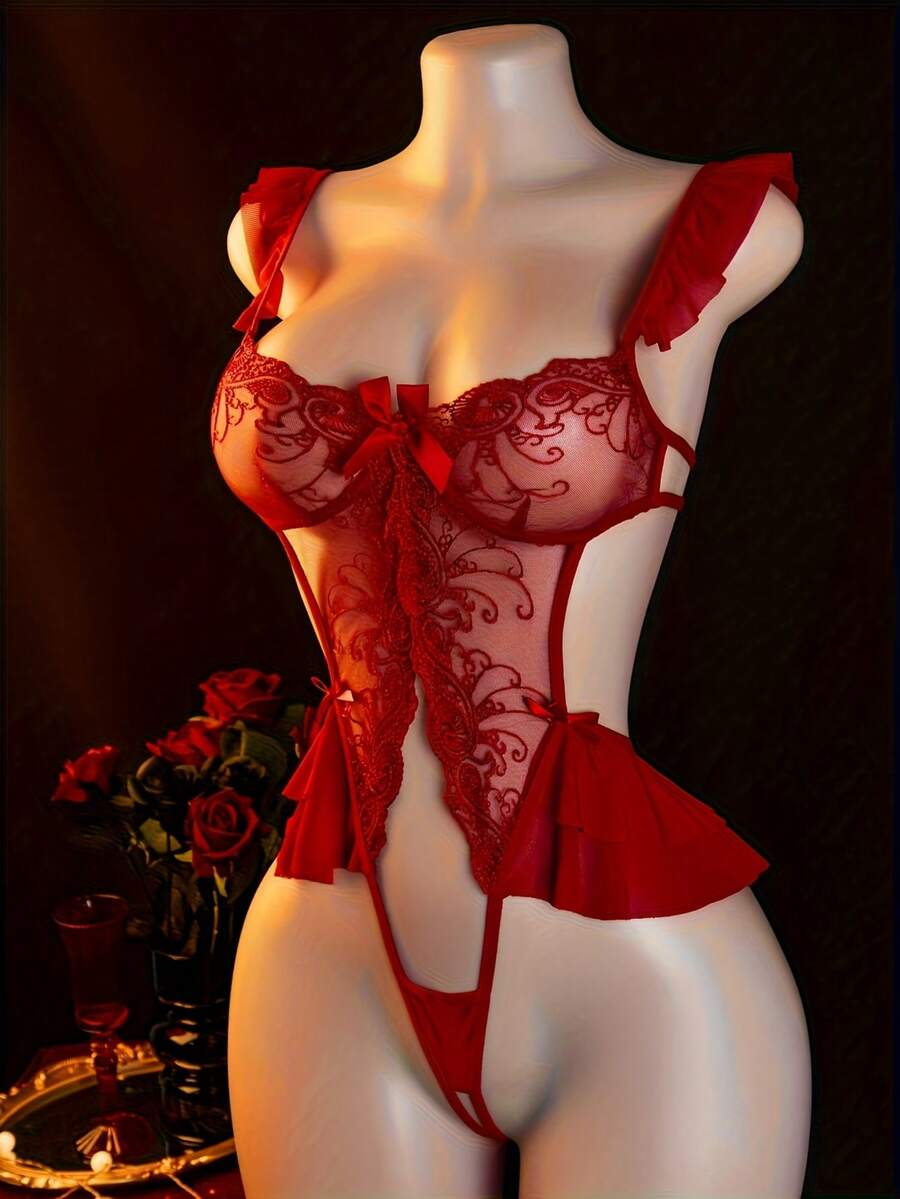 Lencería sexy, bodys calados, bodys y monos ajustados sexy para mujeres - Rojo - Ver 1