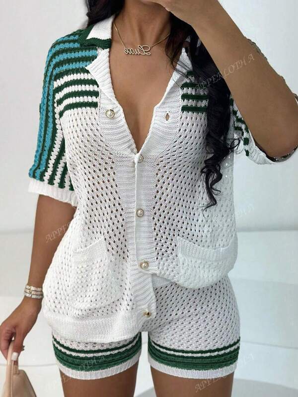 Apperloth A Casual 2Pcs Striped Pattern Button Front Short Sleeve Shirt Knitted Top Blouse Cardigan & Knit Shorts Beach Outfits For Woman