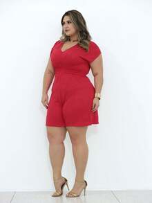 Macaquinho Feminino Plus Size Malha Trabalhada Vicenza Short Liso Elegante - Vermelho - Visão 6