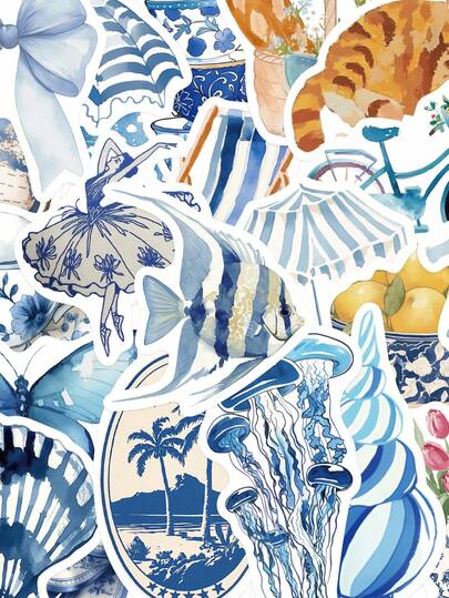 50pcs Blue Stickers Laptop Handbook Phone Case Decorative Stickers