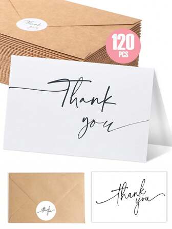 120pcs Thank You Card Set, Includes Kraft Paper Envelopes And Matching Stickers, 4x6 Inch, Suitable For Business Owners To Give Customers As Appreciation Gifts, Minimalist Design | Perfect For Business, Wedding, Baby Shower, Bridal, Graduation, Teacher's Day, Funeral, Valentine's Day, Thanksgiving, Christmas