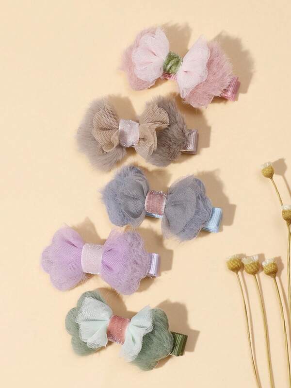 5 pièces Ensemble de pinces à cheveux pour bébé, Automne/Hiver Nouveau, Pinces à cheveux à double couche en maille moelleuse avec nœud, Pinces à cheveux couvrant entièrement les cheveux de bébé douces et mignonnes, Accessoires quotidiens et de fête