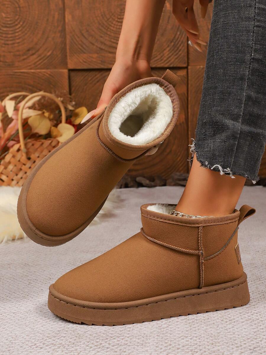 1 par de botas de nieve para mujer de unicolor, forradas térmicamente, para uso casual y de invierno, botas de piel
