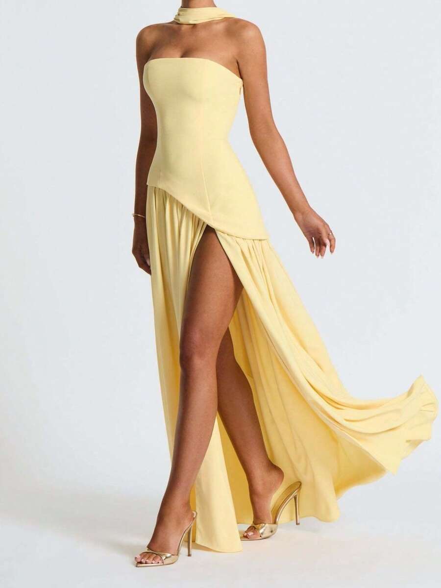 Irregular Sheath Tie Dress Women French  Split Long Dresses - 黃色 - 查看 1