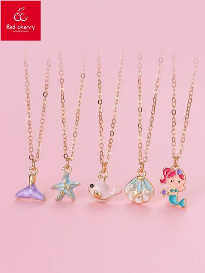 Set de 5 piezas de collares de estilo de verano oceánico con sirena, estrella de mar, concha y ballena de colores, adecuado para que las niñas lo usen en la vida diaria y con sus mejores amigas