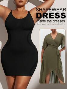 1pc Plus Size Women's Waist Cinching Dress, Seamless Bust & Waist Tie Strap Dress, Plus Size Women's Shapewear Skirt Jumpsuit, Summer - Black - View 1