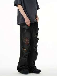 1 Quần Jeans Nam Cổ Điển Rách Rách Viền Tơ, Quần Jeans Ống Rộng Phong Cách Mỹ, Phong Cách Đường Phố Hip Hop, Phong Cách Grunge - màu đen - Xem 3