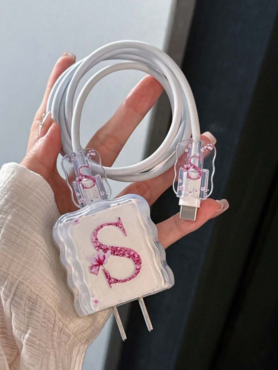 3pcs Set Wavy Pattern Protective Case, 26 Letter A-Z Design, Compatible With Apple Fast Charging Adapter Nan Charger Protector Charger Case Phone Accessories