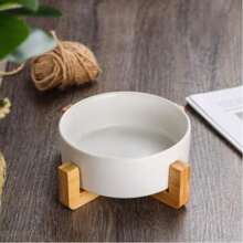 Ceramic Cat Dog Bowl Dish With Wood Stand No Spill Pet Food Water Feeder Cats Small Dogs