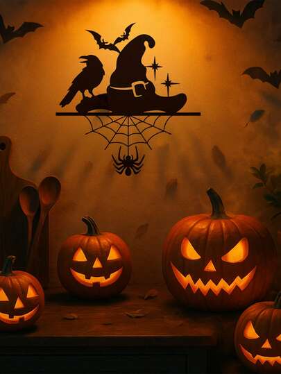 CIF BUY 1 st gotisk häxhatt i metall - vintage Halloween-dekor med spindelnät, fladdermus och kråkdetaljer. Perfekt för de dödas dag, Halloweenfest och heminredning. Spöklikt elegant väggbonad för inomhus-/utomhusbruk, lämplig för modern heminredning, heminredning, rumsinredning, sovrumsinredning, badrumsinredning