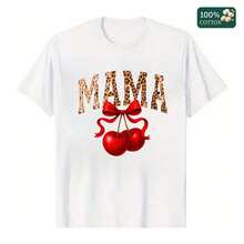 100% Cotton Unisex Round Neck Short - Sleeve T - Shirt, Basic Tee Featuring Adorable Mama Leopard Print And Cherry Graphic, I Summer Women's Top With Charming Design - 白色 - 查看 6