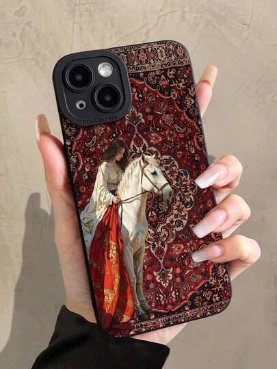 Black Vintage Style Fashion Phone Case 1pc Nordic Retro Carpet Queen & Horse Pattern Black Cat Eye Full Coverage Phone Case Compatible With IPhone 11/12/13/14/15/16 Pro Max Waterproof Shockproof Anti-Fall Scratch Resistant Anniversary Gift Party Birthday