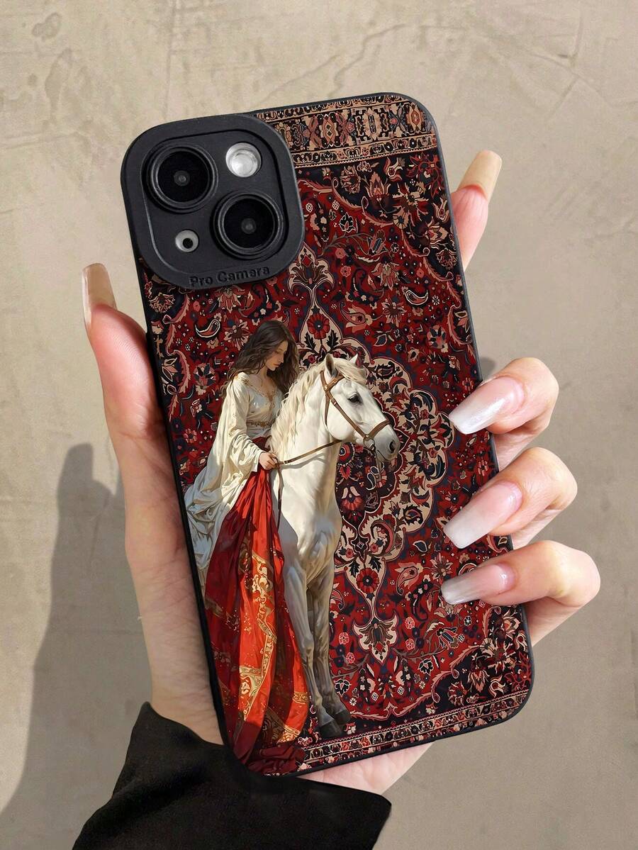 白色黑色复古时尚手机壳 1 件装 北欧复古地毯女王与骏马图案 黑色猫眼全包手机壳 兼容 11/12/13/14/15/16 Pro Max 防水防震防摔防刮花 周年纪念礼物 派对生日 春季 - 彩色 - 查看 1