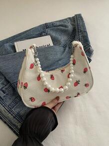 时尚草莓珍珠单肩包、新月形手提包、托特包、沙滩包、休闲草编包、女士手机袋 - 米色 - 查看 10