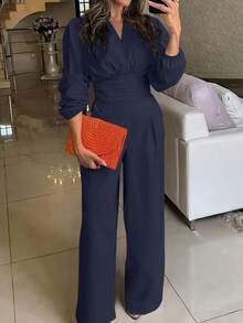 Women's Shirred Jumpsuit With Pockets - Navy Blue - View 2