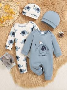 2pcs Baby Girl Blue Solid Long Sleeve Jumpsuit + Elephant Allover Print Jumpsuit Set With Hat, Cute, Autumn/Winter - Blue - View 1