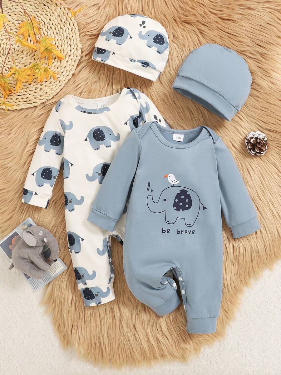 2pcs Baby Girl Blue Solid Long Sleeve Jumpsuit + Elephant Allover Print Jumpsuit Set With Hat, Cute, Autumn/Winter - Blue - View 1