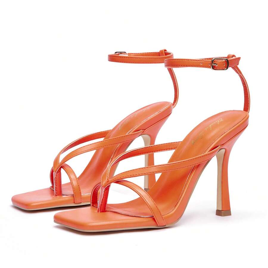 Womens Square Toe Heeled Sandals,4.3 Inch Square Toe Thong Strappy Ankle Strap Stiletto Heel Sandals Wedding Dress Party Shoes - 橘色 - 查看 1